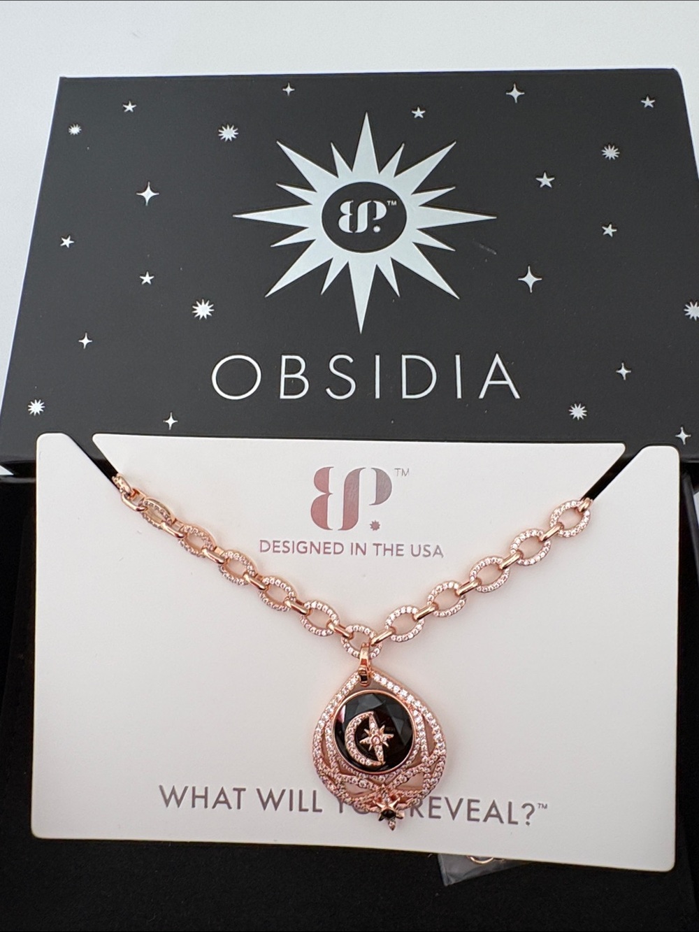 Obsidia Rose Gold Crescent Star Locket Necklace by Obsidia